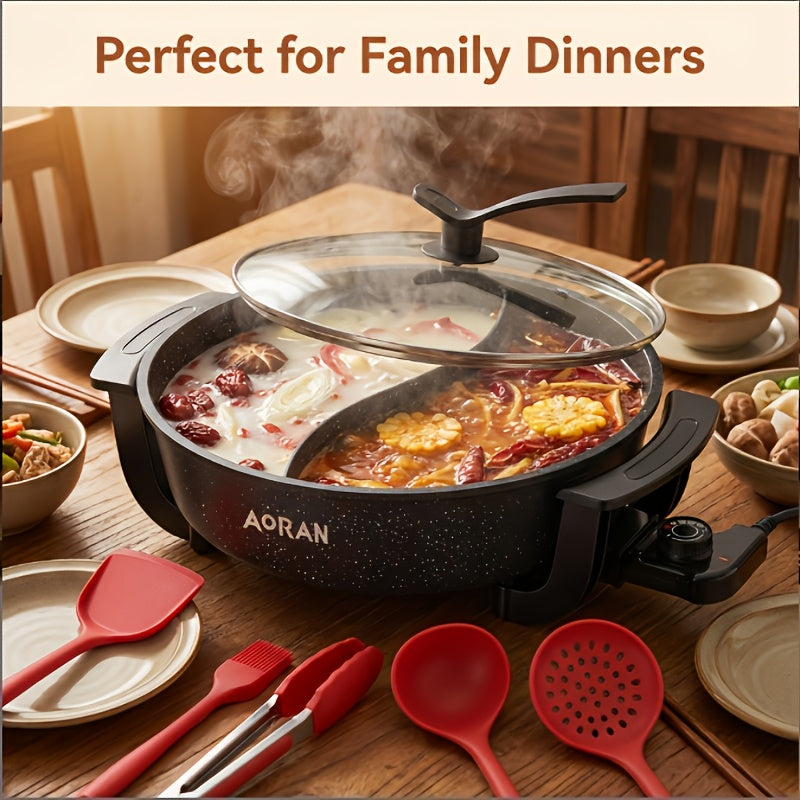 AORAN Mandarin Duck Electric Hot Pot: S-Shaped Dual-Zone Heating, 1.32gal Non-Stick Liner, 1500W Fast Heating with Glass Lid, Adjustable Temperature Knob, Multi-Cooking, Anti-Scald Handle, Easy to Clean, Ideal for 3-8 People, Healthy Kitchen