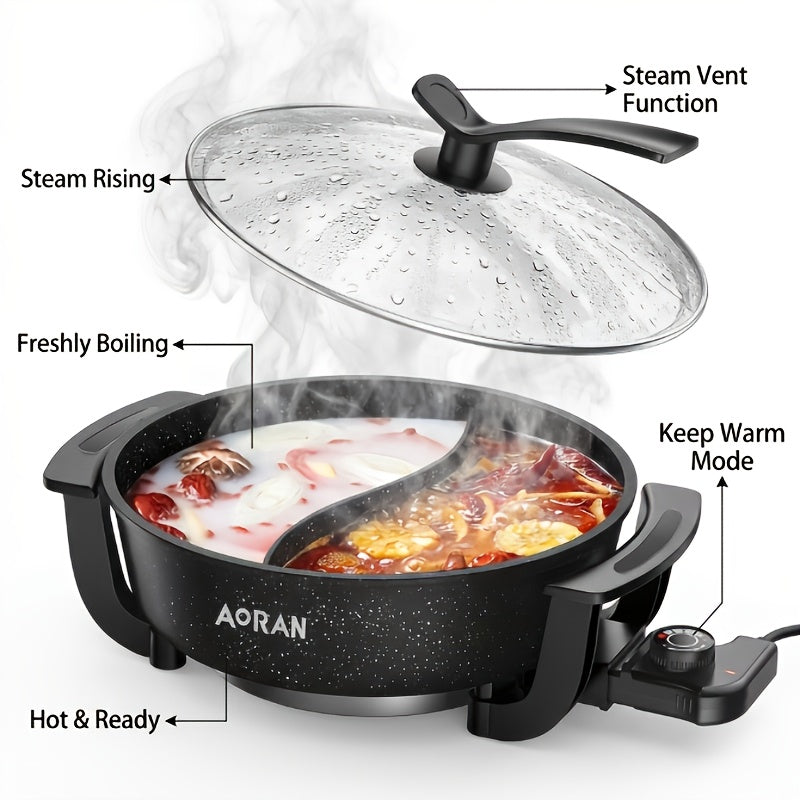 AORAN Mandarin Duck Electric Hot Pot: S-Shaped Dual-Zone Heating, 1.32gal Non-Stick Liner, 1500W Fast Heating with Glass Lid, Adjustable Temperature Knob, Multi-Cooking, Anti-Scald Handle, Easy to Clean, Ideal for 3-8 People, Healthy Kitchen