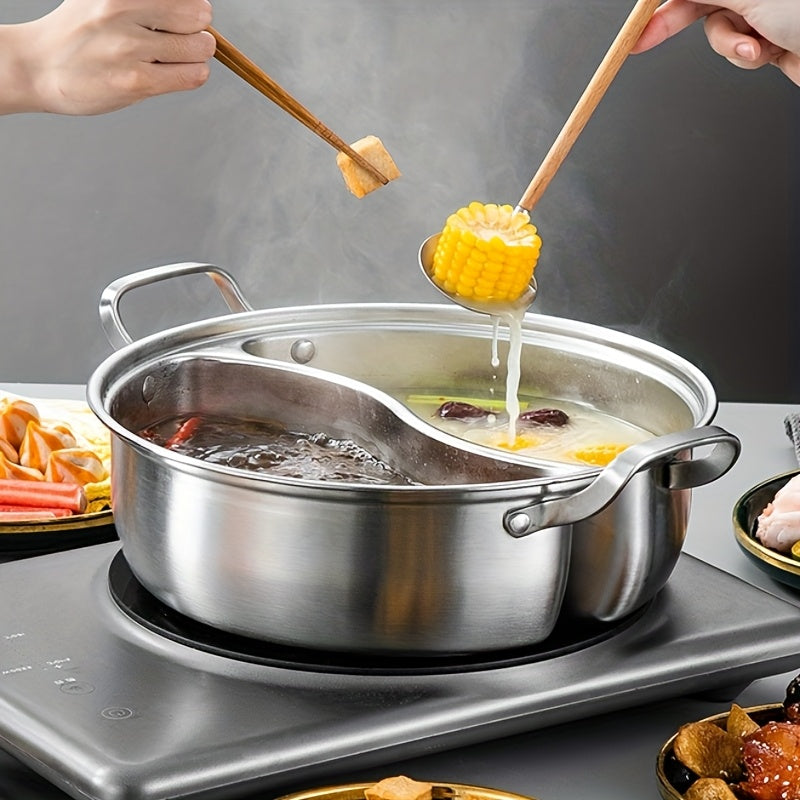 Stainless Steel 12.6-Inch Double Compartment • Thickened Design Home Hot Pot • Suitable for Induction Cookers • Chinese Divided Flavor Hot Pot • Usable in All Four Seasons