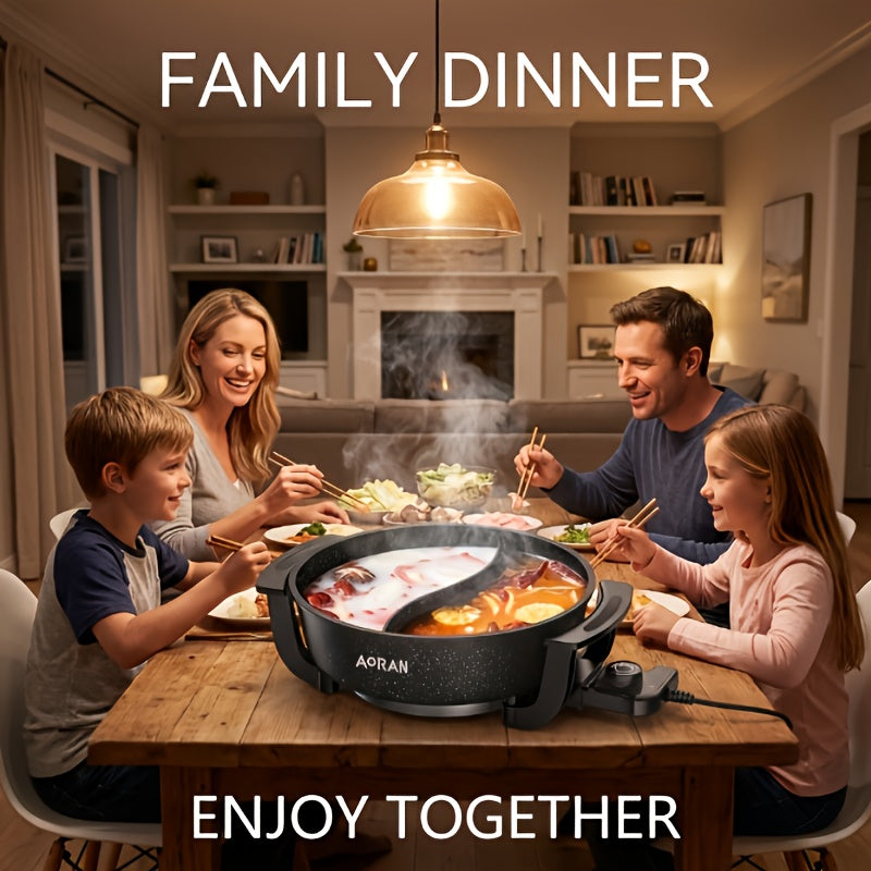 AORAN Split Dual-Zone Electric Hot Pot with Glass Lid & Non-Stick Pot - Dual-Zone Cooking for Simmering\u002FFrying, Adjustable Temperature, Fast Heating, Heavy-Duty for Home\u002FCamping, Suitable for 3-8 People, Easy-Clean Holiday Gift ( Plug)