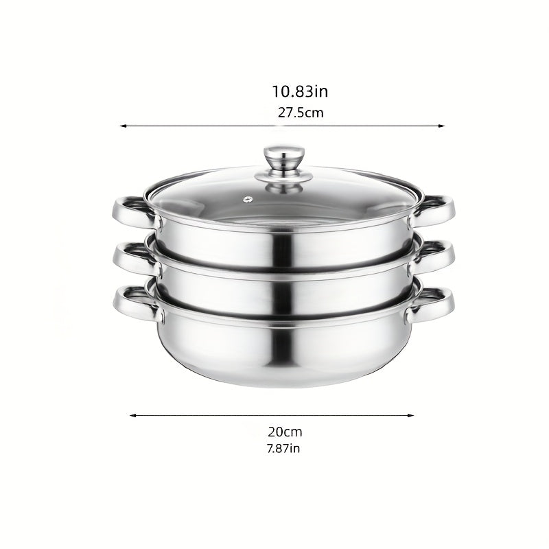 Large Capacity Stainless Steel Steamer with Glass Lid- Multifunctional Steamer Suitable for Buns, Bread, Seafood, Vegetables- Durable, Stackable Design, Easy to Clean, Ideal for Home and Professional Kitchens, Kitchen Steamer, Kitchen Essential