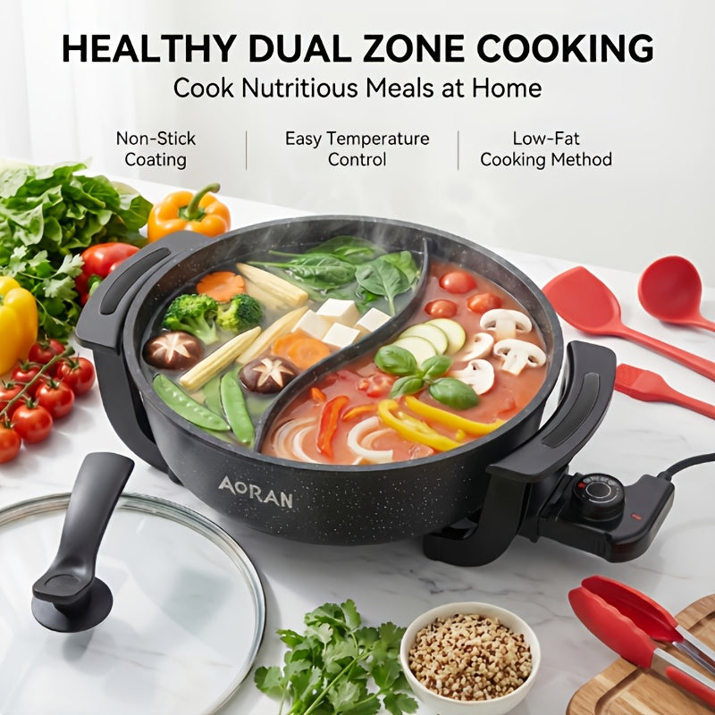 AORAN Split Dual-Zone Electric Hot Pot with Glass Lid & Non-Stick Pot - Dual-Zone Cooking for Simmering\u002FFrying, Adjustable Temperature, Fast Heating, Heavy-Duty for Home\u002FCamping, Suitable for 3-8 People, Easy-Clean Holiday Gift ( Plug)