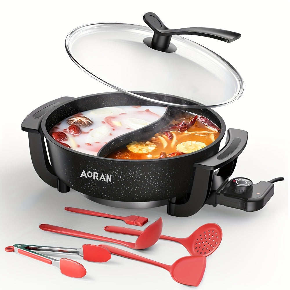 Aoran Yin-Yang Pot - Large Multi-Function Cooker with Non-Stick Pot & Lid Compatible for Steaming, Boiling, Frying, Stir-Fry, Stewing - Quick Boil, Easy Clean, American Plug (110), Black - Ideal for Asian & Western