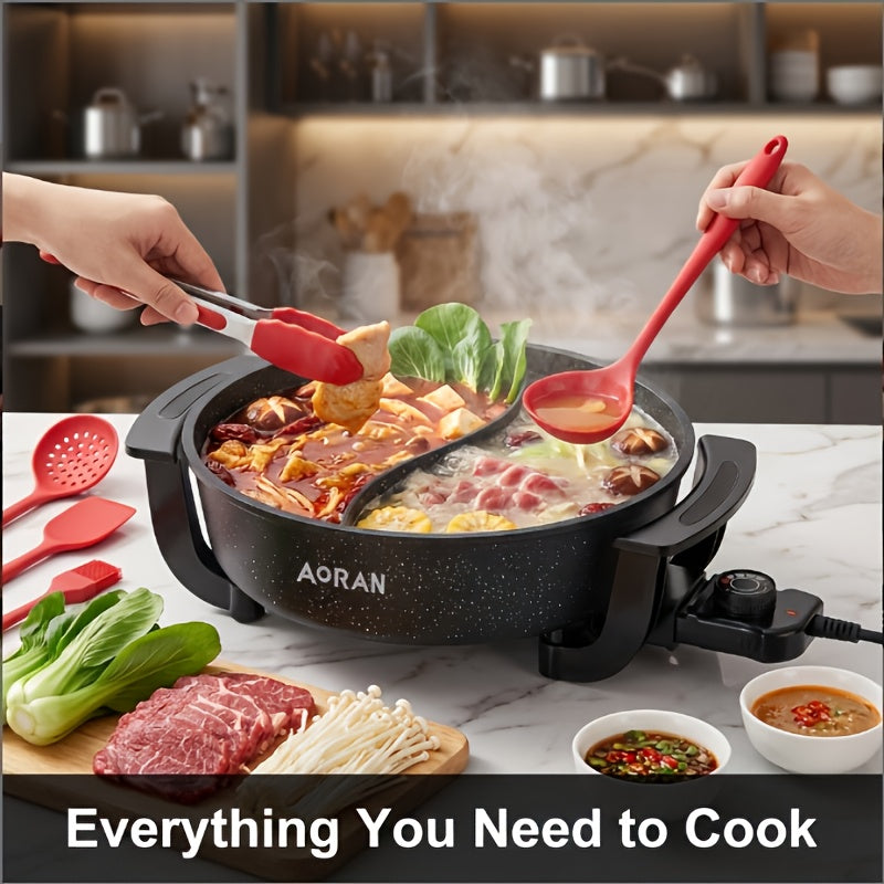 AORAN Mandarin Duck Electric Hot Pot: S-Shaped Dual-Zone Heating, 1.32gal Non-Stick Liner, 1500W Fast Heating with Glass Lid, Adjustable Temperature Knob, Multi-Cooking, Anti-Scald Handle, Easy to Clean, Ideal for 3-8 People, Healthy Kitchen