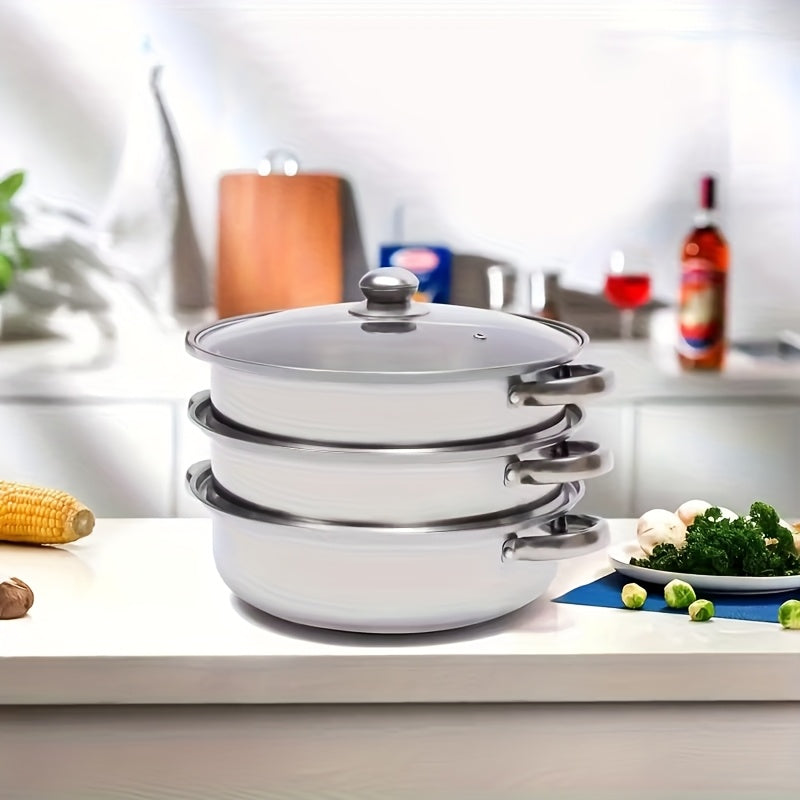 Large Capacity Stainless Steel Steamer with Glass Lid- Multifunctional Steamer Suitable for Buns, Bread, Seafood, Vegetables- Durable, Stackable Design, Easy to Clean, Ideal for Home and Professional Kitchens, Kitchen Steamer, Kitchen Essential