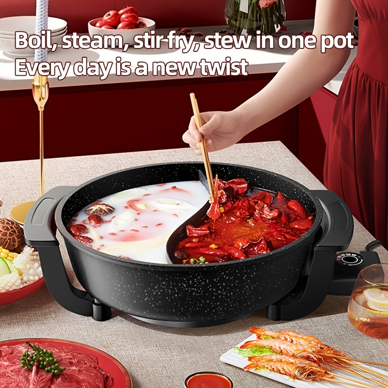 Large Capacity Double-Flavor Pot That Is Non-Stick And Easy to Clean, Ideal for Steaming, Frying, And Stewing. Heats Up Rapidly. Comes with an American Standard Plug And Is Black in Color