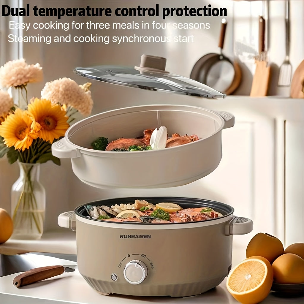 US Standard 9.45inch Diameter Double-Layer Electric Cooker, Electric Hot Pot, Multi-Functional Cooking Pot, Electric Frying Pan, Suitable for Various Occasions Such As Parties, Family Meals, Home Use, Dormitories, And RV Camping