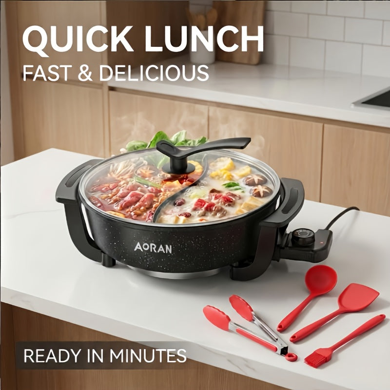 AORAN Split Dual-Zone Electric Hot Pot with Glass Lid & Non-Stick Pot - Dual-Zone Cooking for Simmering\u002FFrying, Adjustable Temperature, Fast Heating, Heavy-Duty for Home\u002FCamping, Suitable for 3-8 People, Easy-Clean Holiday Gift ( Plug)