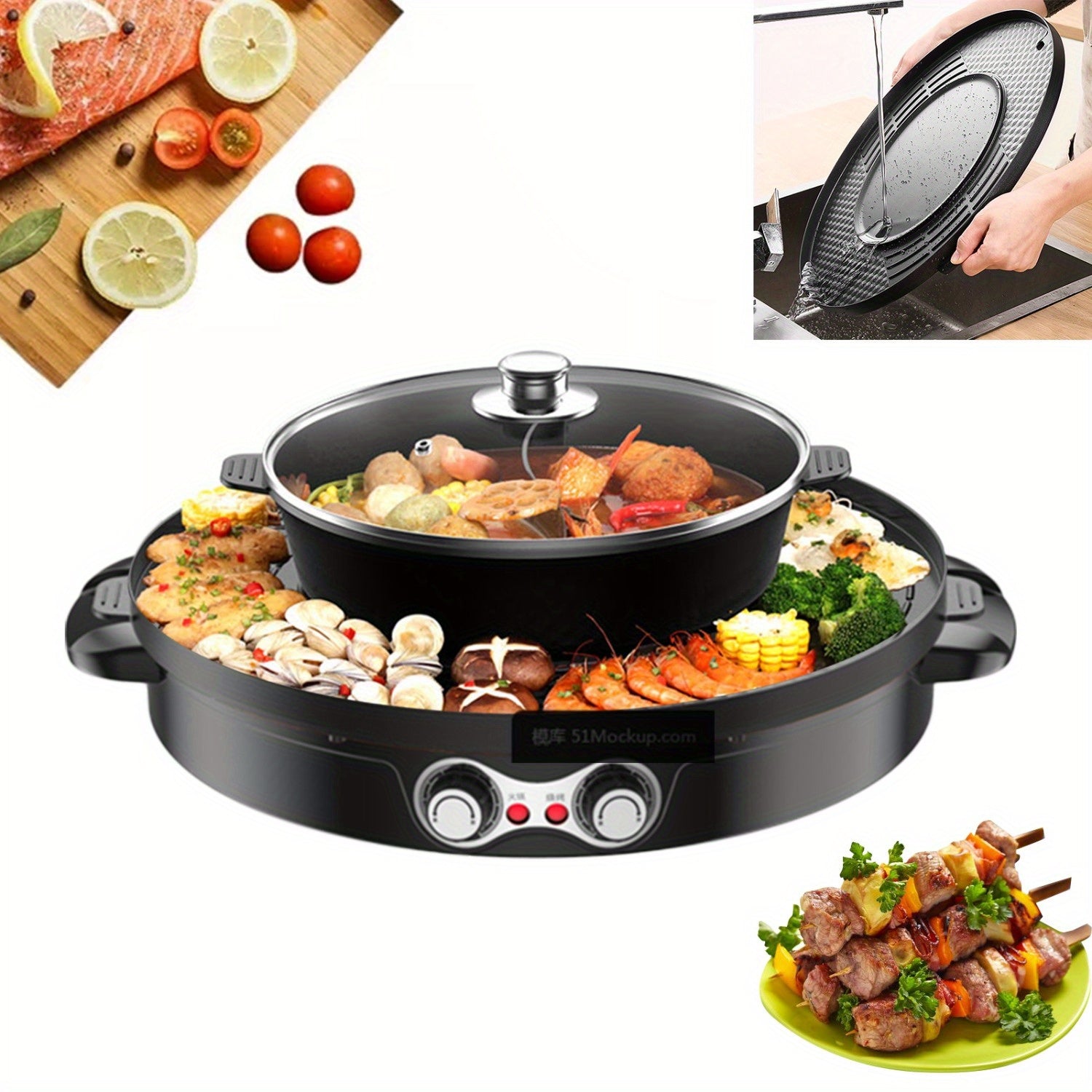 Goodslinesshop Electric Oven Double Separation Mandarin Duck Pot 2in 1 2200 W Barbecue Grill Household Hot Pot 44cm Baking Mould Grill Pan Ceramic Coating Smokeless Indoor for 5-8 People High-Quality Shop Now!