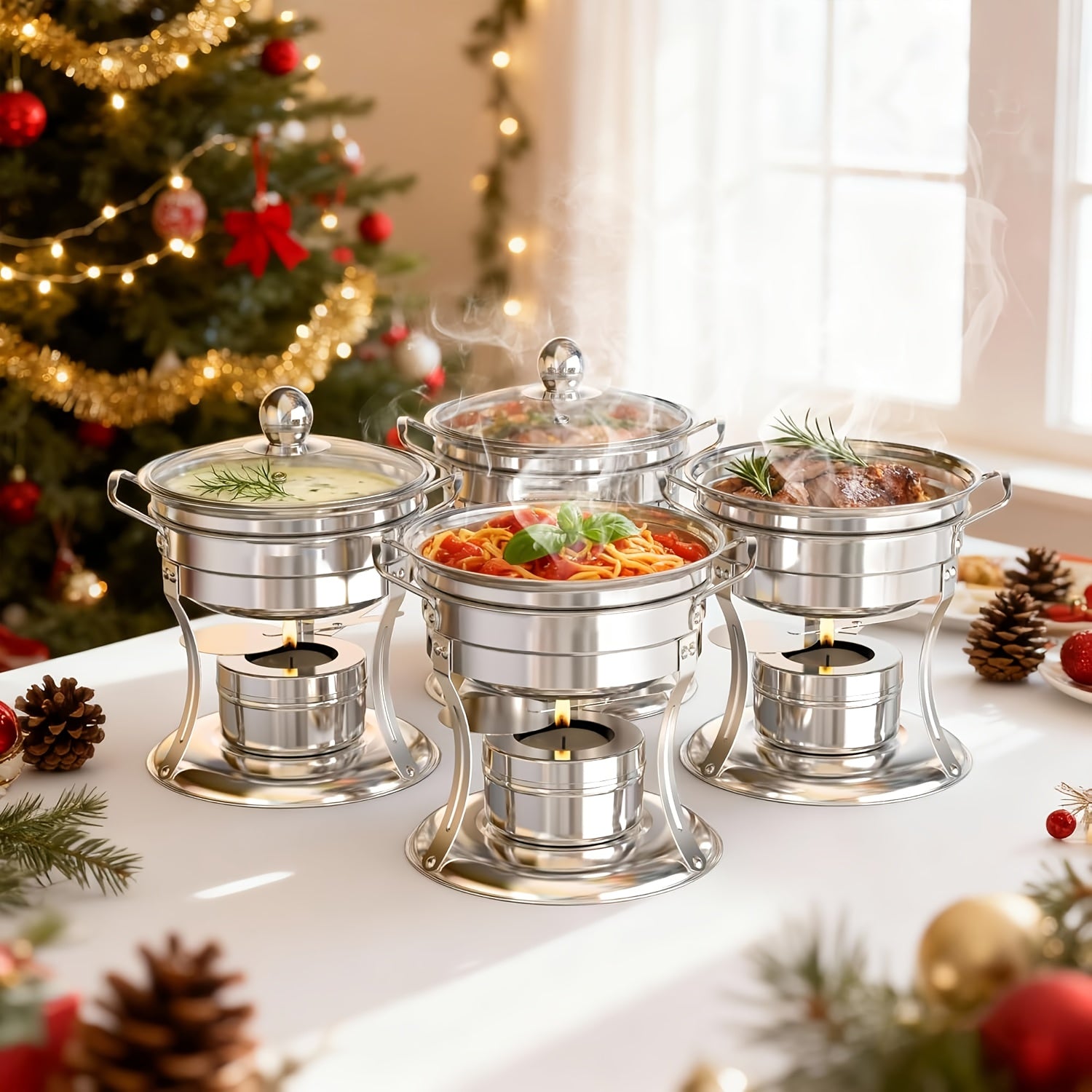 1Qt-1pc\u002F4pcs Mini Meat Sauce Warmer-Chafing Dishes Buffet Use, Round Insulated with Glass Lid, for Single Or Group Dining, Stainless Steel Hot Pot Stove And Buffet Insulated, for Parties And Weddings-Only for Cooking