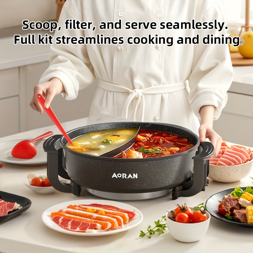 Aoran Yin-Yang Pot - Large Multi-Function Cooker with Non-Stick Pot & Lid Compatible for Steaming, Boiling, Frying, Stir-Fry, Stewing - Quick Boil, Easy Clean, American Plug (110), Black - Ideal for Asian & Western