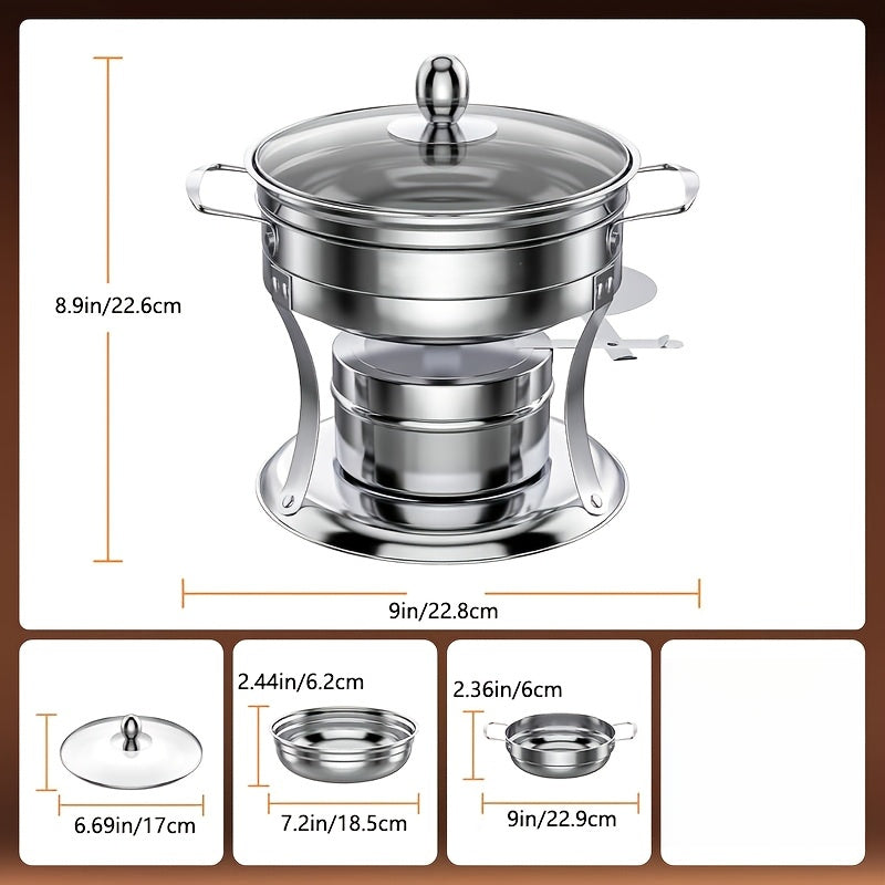 Single Unit Buffet Hot Pot Cooker (Includes Lid, Rack, And Pot) Designed for Use. This Round Hot Pot Cooker Features a Glass Lid And Is Ideal for Individual Servings, Made of Stainless Steel