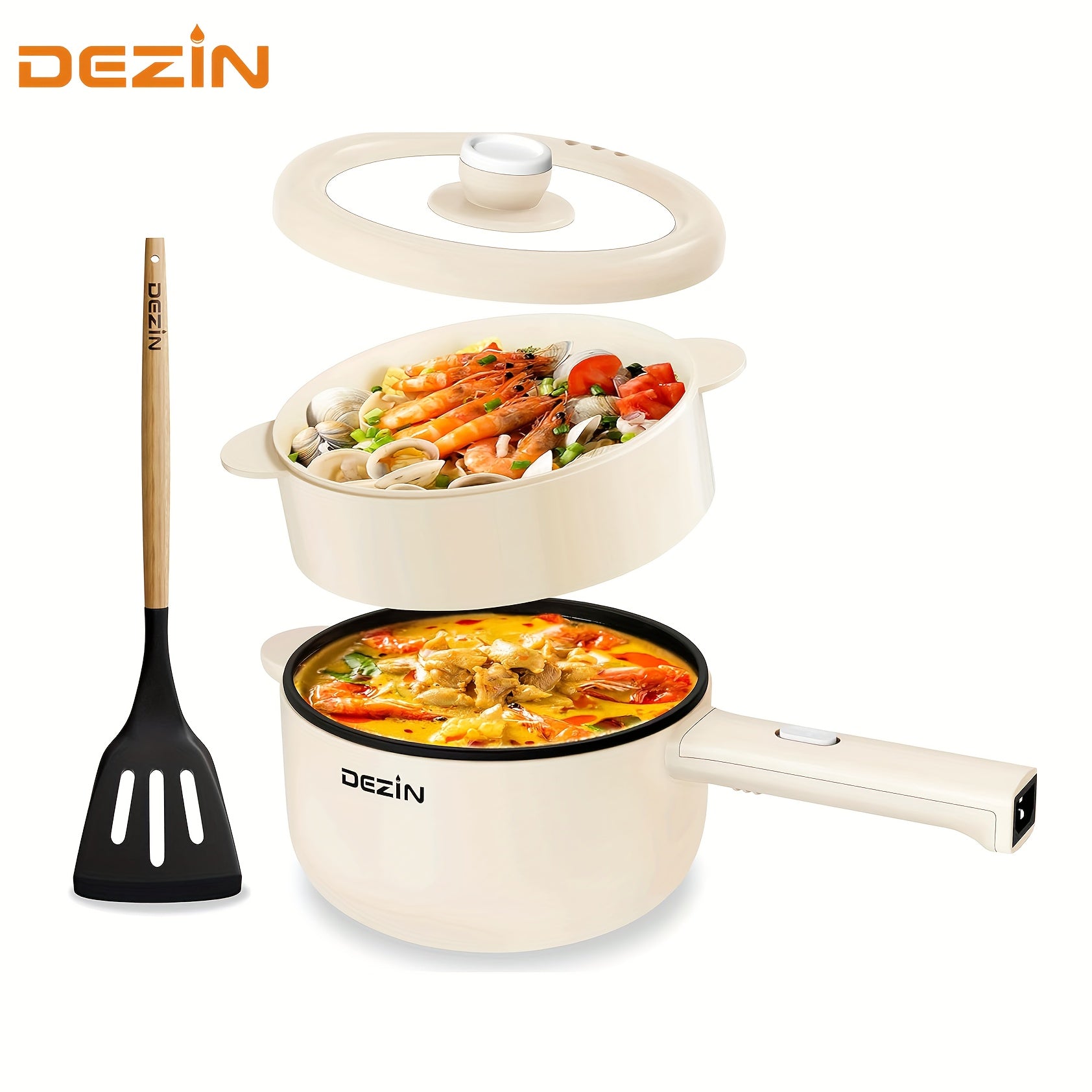 DEZIN Electric Cooker, Non-Stick 2L Saute Pan, Rapid Noodles Cooker for Steak, Egg, Fried Rice, Ramen, Oatmeal, Soup, with Power Adjustment, Egg Rack Included, College Dorm Room Essential