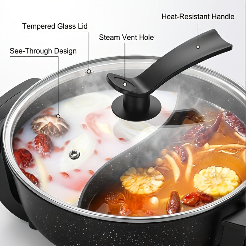 AORAN Mandarin Duck Electric Hot Pot: S-Shaped Dual-Zone Heating, 1.32gal Non-Stick Liner, 1500W Fast Heating with Glass Lid, Adjustable Temperature Knob, Multi-Cooking, Anti-Scald Handle, Easy to Clean, Ideal for 3-8 People, Healthy Kitchen