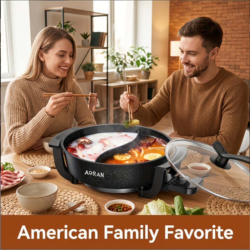 AORAN Mandarin Duck Electric Hot Pot: S-Shaped Dual-Zone Heating, 1.32gal Non-Stick Liner, 1500W Fast Heating with Glass Lid, Adjustable Temperature Knob, Multi-Cooking, Anti-Scald Handle, Easy to Clean, Ideal for 3-8 People, Healthy Kitchen
