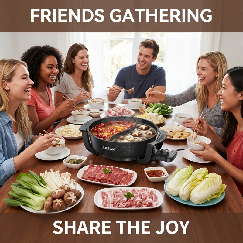 AORAN Split Dual-Zone Electric Hot Pot with Glass Lid & Non-Stick Pot - Dual-Zone Cooking for Simmering\u002FFrying, Adjustable Temperature, Fast Heating, Heavy-Duty for Home\u002FCamping, Suitable for 3-8 People, Easy-Clean Holiday Gift ( Plug)