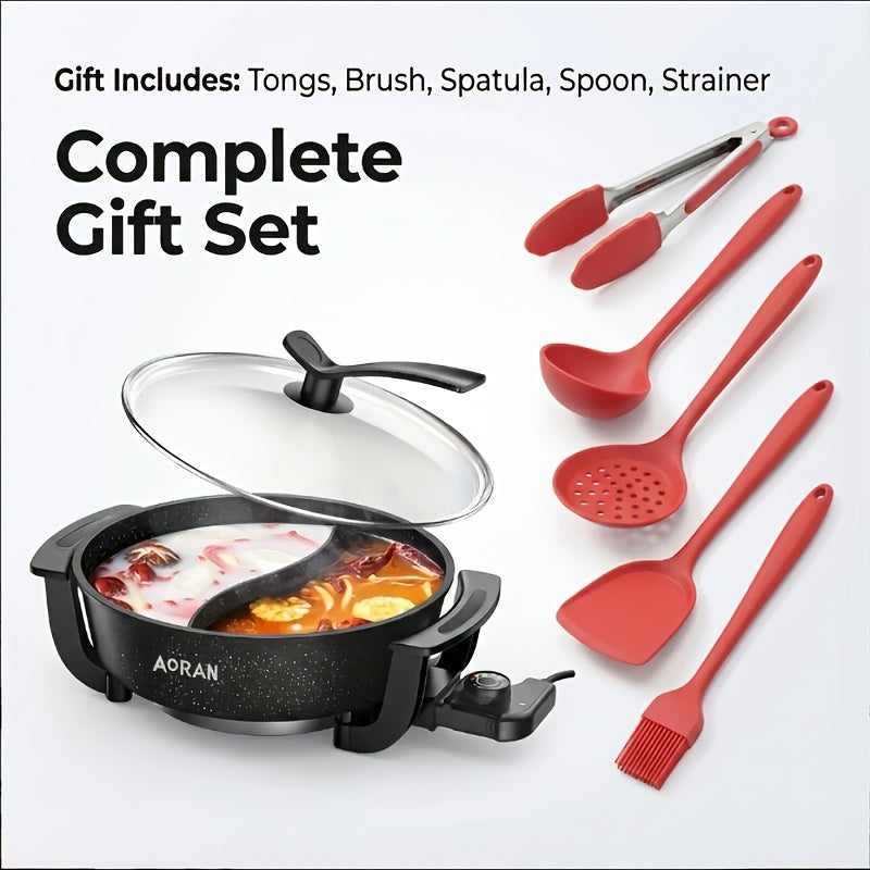 AORAN Split Dual-Zone Electric Hot Pot with Glass Lid & Non-Stick Pot - Dual-Zone Cooking for Simmering\u002FFrying, Adjustable Temperature, Fast Heating, Heavy-Duty for Home\u002FCamping, Suitable for 3-8 People, Easy-Clean Holiday Gift ( Plug)