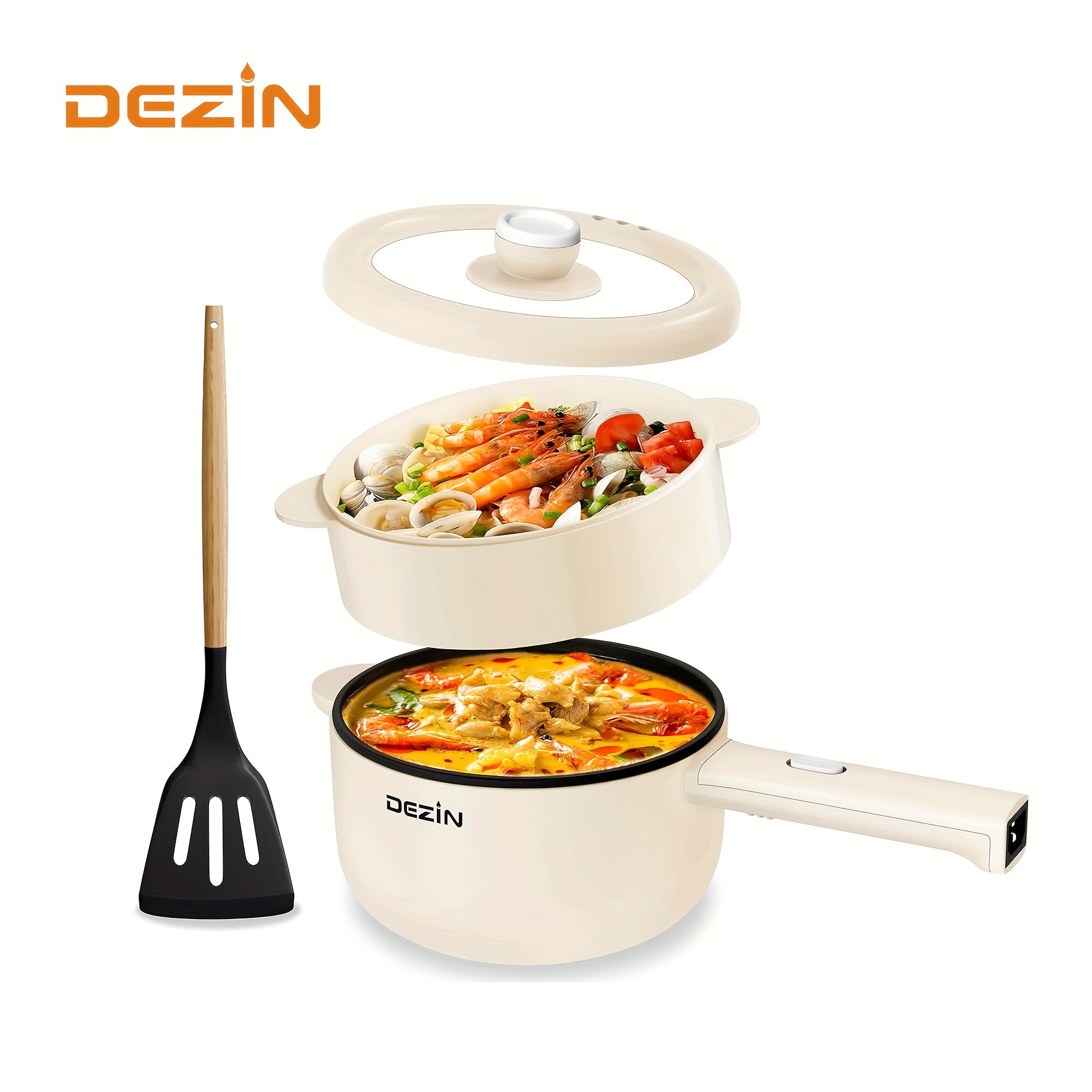 DEZIN Electric Cooker, Non-Stick 2L Saute Pan, Rapid Noodles Cooker for Steak, Egg, Fried Rice, Ramen, Oatmeal, Soup, with Power Adjustment, Egg Rack Included, College Dorm Room Essential