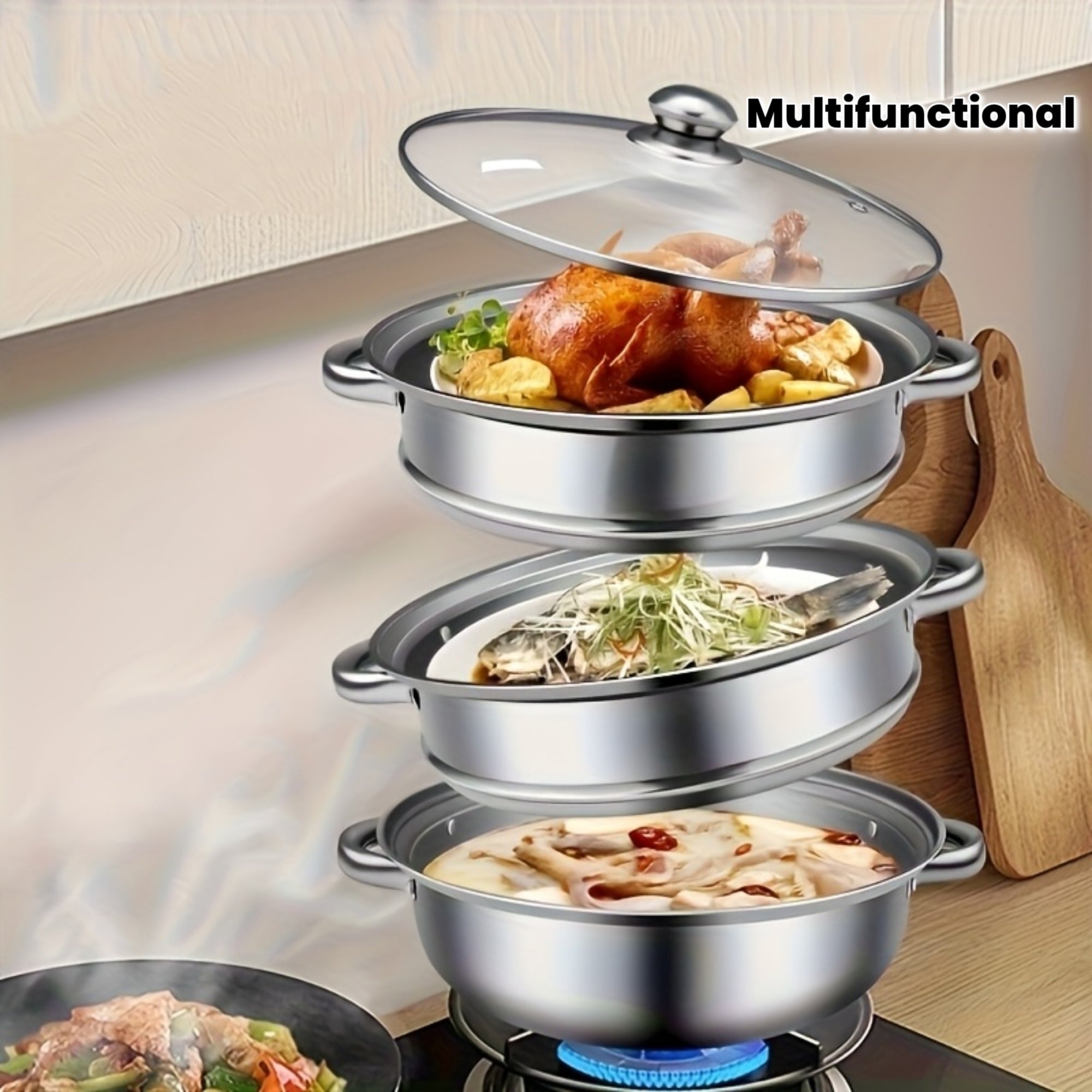 Large Capacity Stainless Steel Steamer with Glass Lid- Multifunctional Steamer Suitable for Buns, Bread, Seafood, Vegetables- Durable, Stackable Design, Easy to Clean, Ideal for Home and Professional Kitchens, Kitchen Steamer, Kitchen Essential