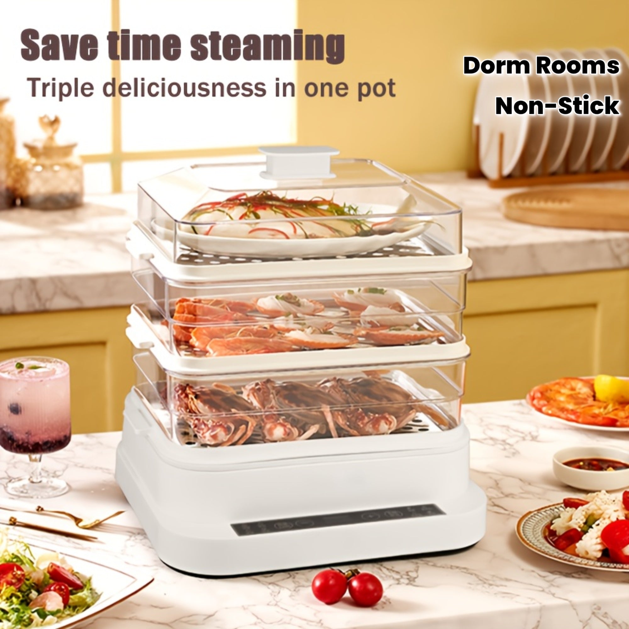 Electric Steamer, Three Storeys Non-Stick Saucepan Pan, Rapid Noodles Cooker for Steak, Egg, Fried Rice, Oatmeal, Soup - Power Adjustment, Perfect for  Dorm Rooms &  Kitchens - Great Gift for Students