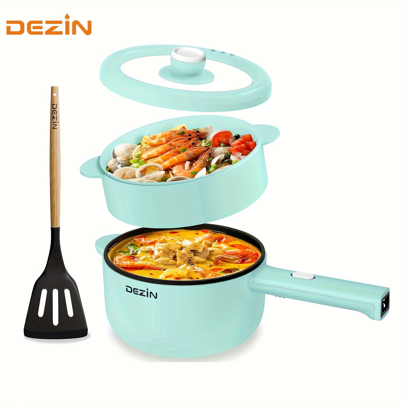 DEZIN Electric Cooker, Non-Stick 2L Saute Pan, Rapid Noodles Cooker for Steak, Egg, Fried Rice, Ramen, Oatmeal, Soup, with Power Adjustment, Egg Rack Included, College Dorm Room Essential