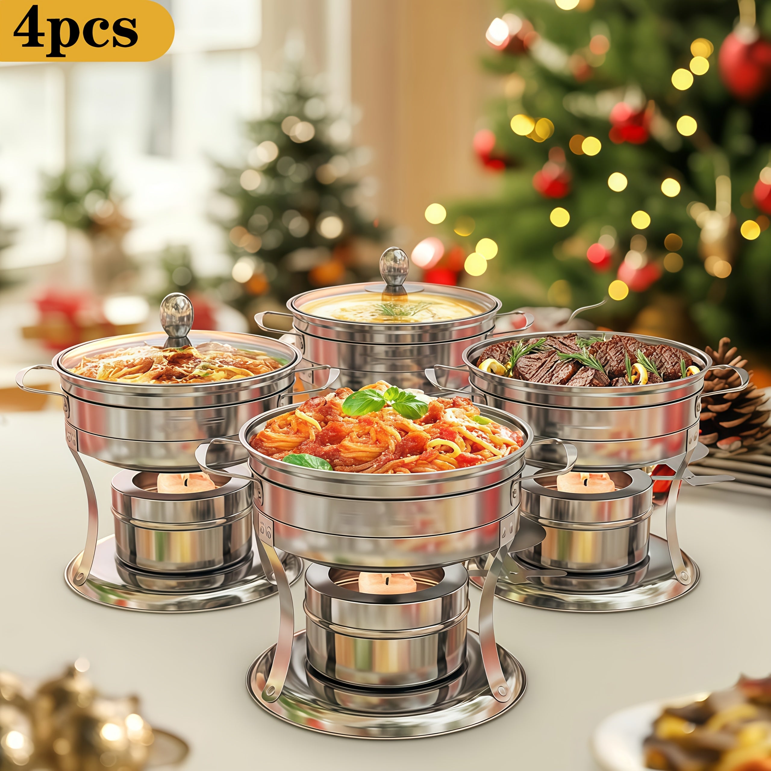 1Qt-1pc\u002F4pcs Mini Meat Sauce Warmer-Chafing Dishes Buffet Use, Round Insulated with Glass Lid, for Single Or Group Dining, Stainless Steel Hot Pot Stove And Buffet Insulated, for Parties And Weddings-Only for Cooking