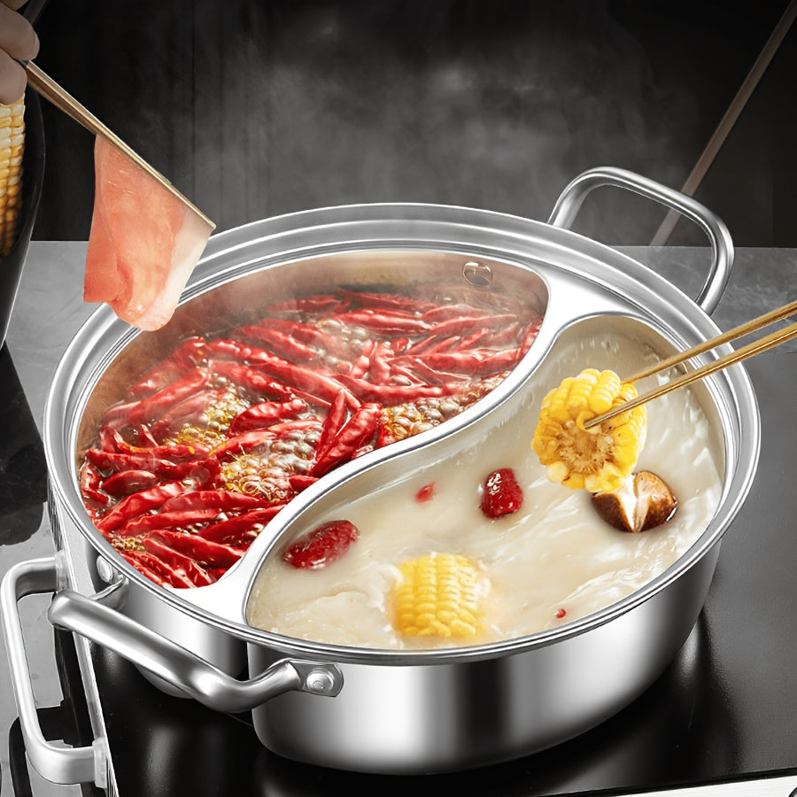 Stainless Steel 12.6-Inch Double Compartment • Thickened Design Home Hot Pot • Suitable for Induction Cookers • Chinese Divided Flavor Hot Pot • Usable in All Four Seasons