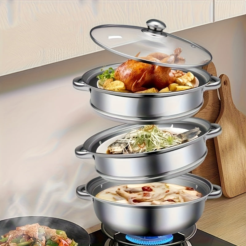 Large Capacity Stainless Steel Steamer with Glass Lid- Multifunctional Steamer Suitable for Buns, Bread, Seafood, Vegetables- Durable, Stackable Design, Easy to Clean, Ideal for Home and Professional Kitchens, Kitchen Steamer, Kitchen Essential