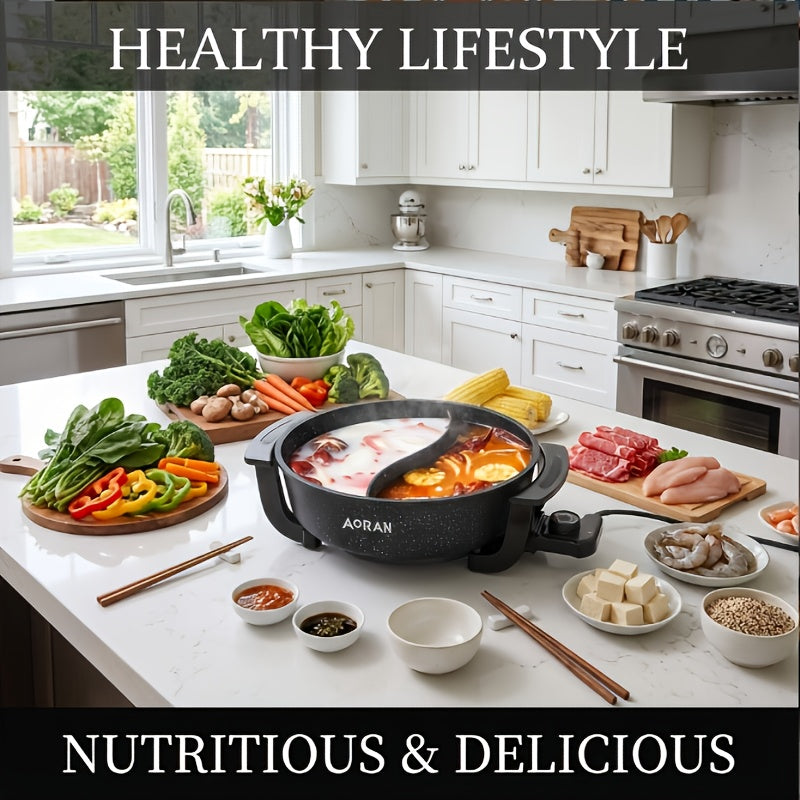 AORAN Split Dual-Zone Electric Hot Pot with Glass Lid & Non-Stick Pot - Dual-Zone Cooking for Simmering\u002FFrying, Adjustable Temperature, Fast Heating, Heavy-Duty for Home\u002FCamping, Suitable for 3-8 People, Easy-Clean Holiday Gift ( Plug)