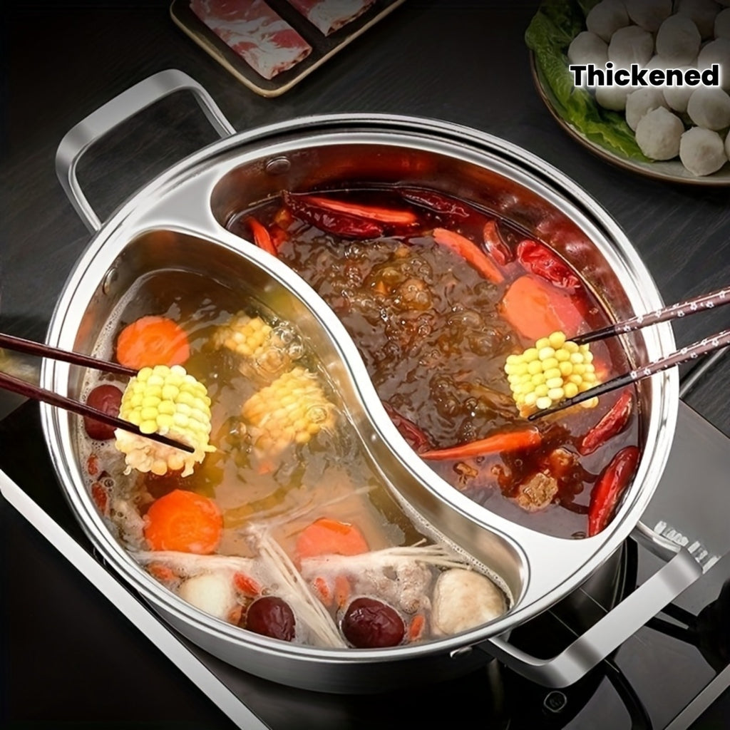 Stainless Steel 12.6-Inch Double Compartment • Thickened Design Home Hot Pot • Suitable for Induction Cookers • Chinese Divided Flavor Hot Pot • Usable in All Four Seasons