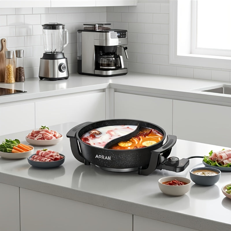 AORAN Mandarin Duck Electric Hot Pot: S-Shaped Dual-Zone Heating, 1.32gal Non-Stick Liner, 1500W Fast Heating with Glass Lid, Adjustable Temperature Knob, Multi-Cooking, Anti-Scald Handle, Easy to Clean, Ideal for 3-8 People, Healthy Kitchen