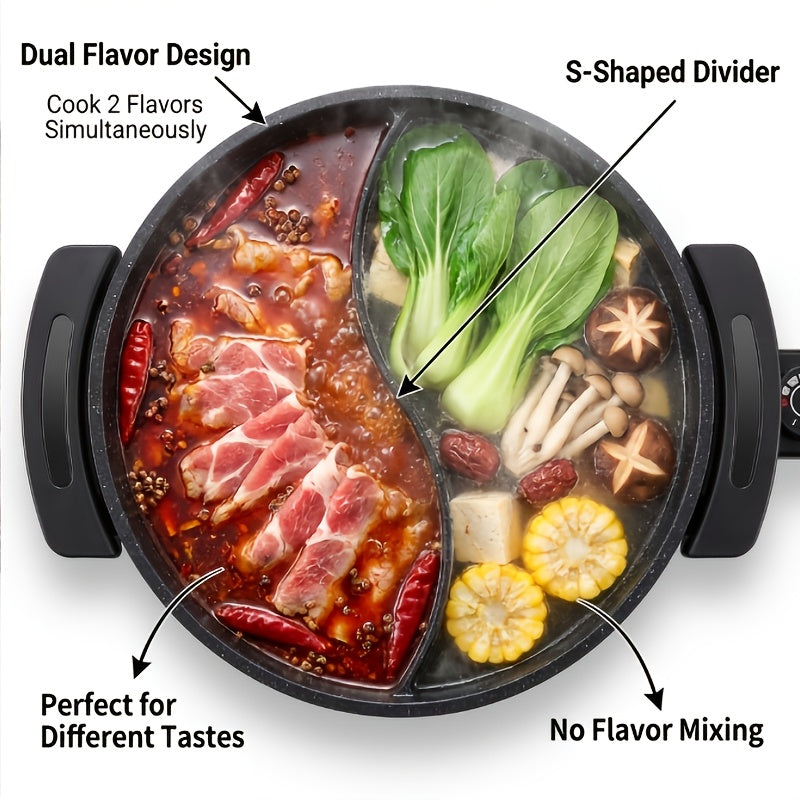 AORAN Mandarin Duck Electric Hot Pot: S-Shaped Dual-Zone Heating, 1.32gal Non-Stick Liner, 1500W Fast Heating with Glass Lid, Adjustable Temperature Knob, Multi-Cooking, Anti-Scald Handle, Easy to Clean, Ideal for 3-8 People, Healthy Kitchen