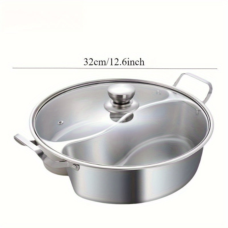 Stainless Steel 12.6-Inch Double Compartment • Thickened Design Home Hot Pot • Suitable for Induction Cookers • Chinese Divided Flavor Hot Pot • Usable in All Four Seasons