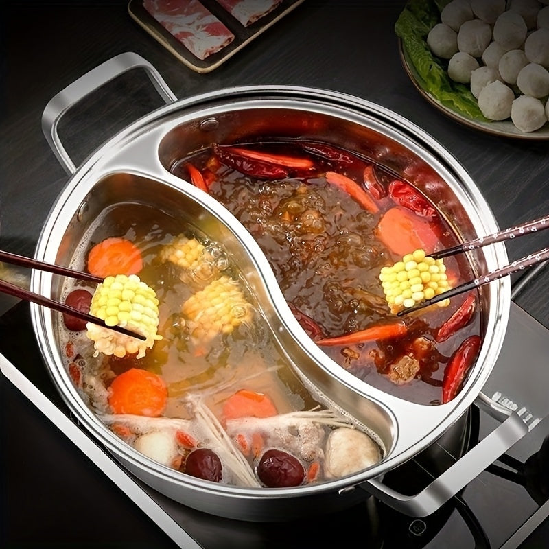 Stainless Steel 12.6-Inch Double Compartment • Thickened Design Home Hot Pot • Suitable for Induction Cookers • Chinese Divided Flavor Hot Pot • Usable in All Four Seasons