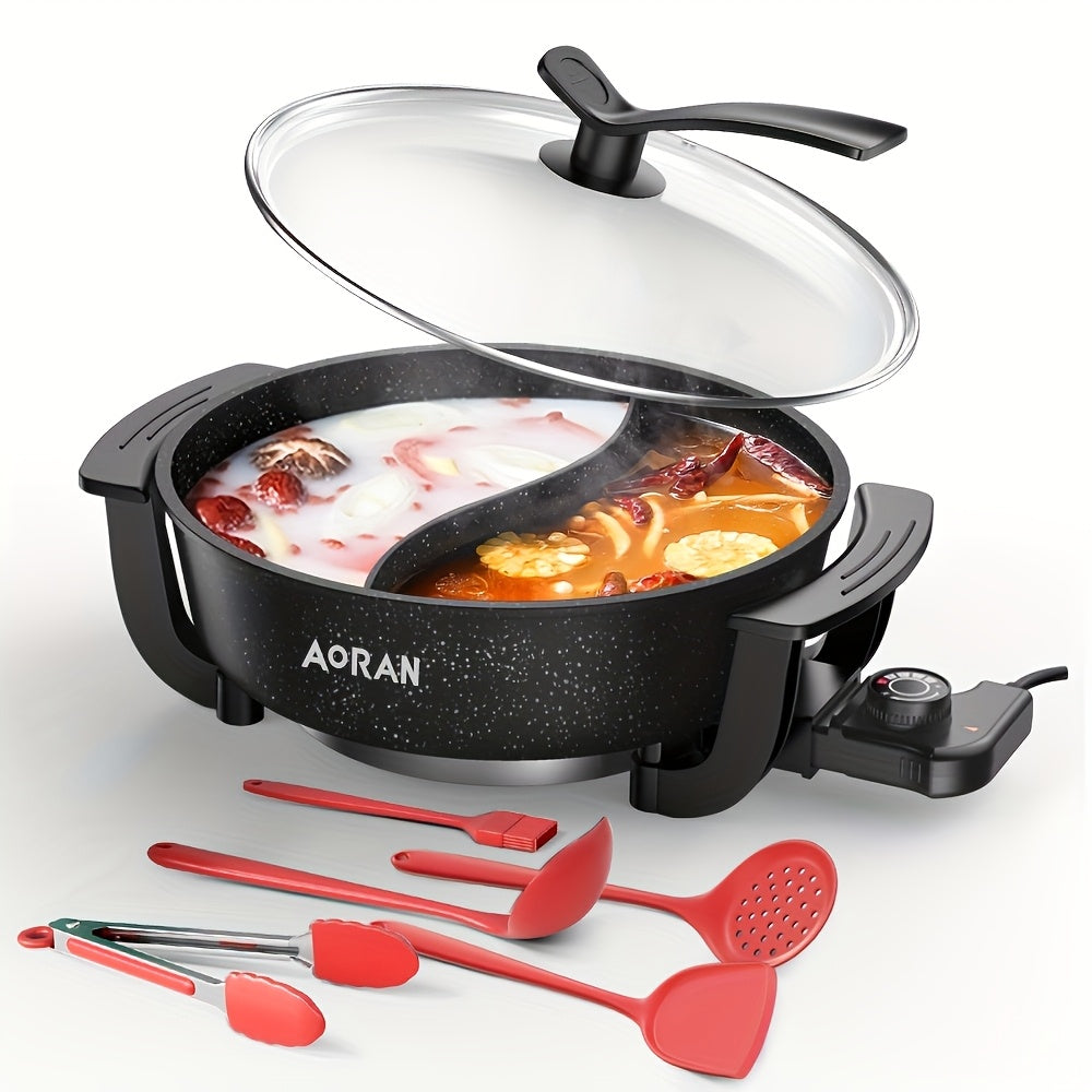 Aoran Yin-Yang Pot - Large Multi-Function Cooker with Non-Stick Pot & Lid Compatible for Steaming, Boiling, Frying, Stir-Fry, Stewing - Quick Boil, Easy Clean, American Plug (110), Black - Ideal for Asian & Western