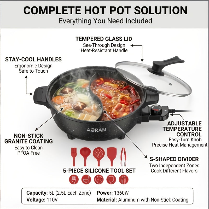 AORAN Split Dual-Zone Electric Hot Pot with Glass Lid & Non-Stick Pot - Dual-Zone Cooking for Simmering\u002FFrying, Adjustable Temperature, Fast Heating, Heavy-Duty for Home\u002FCamping, Suitable for 3-8 People, Easy-Clean Holiday Gift ( Plug)