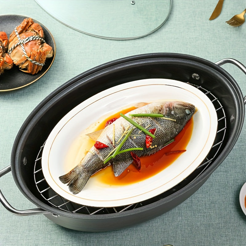 Multi-functional Steamer Pot for Home Use, Large Non-Stick Frying Pan, Steaming and Cooking Pot, Fish Steaming Pan, Seafood Steamer, Compatible with Both Open Flame and Induction Cooktops