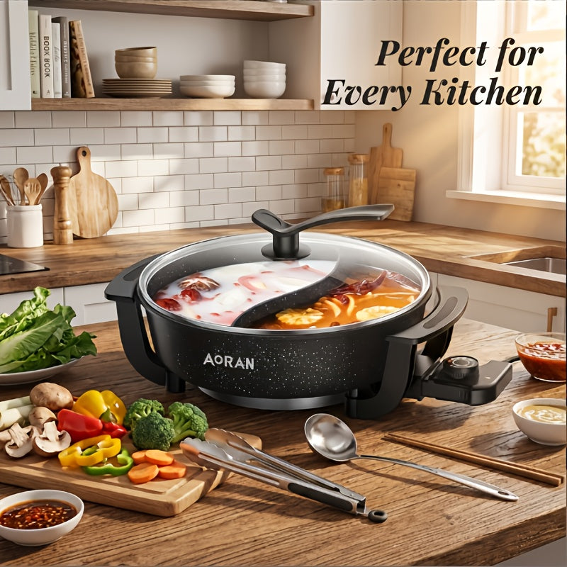 AORAN Mandarin Duck Electric Hot Pot: S-Shaped Dual-Zone Heating, 1.32gal Non-Stick Liner, 1500W Fast Heating with Glass Lid, Adjustable Temperature Knob, Multi-Cooking, Anti-Scald Handle, Easy to Clean, Ideal for 3-8 People, Healthy Kitchen