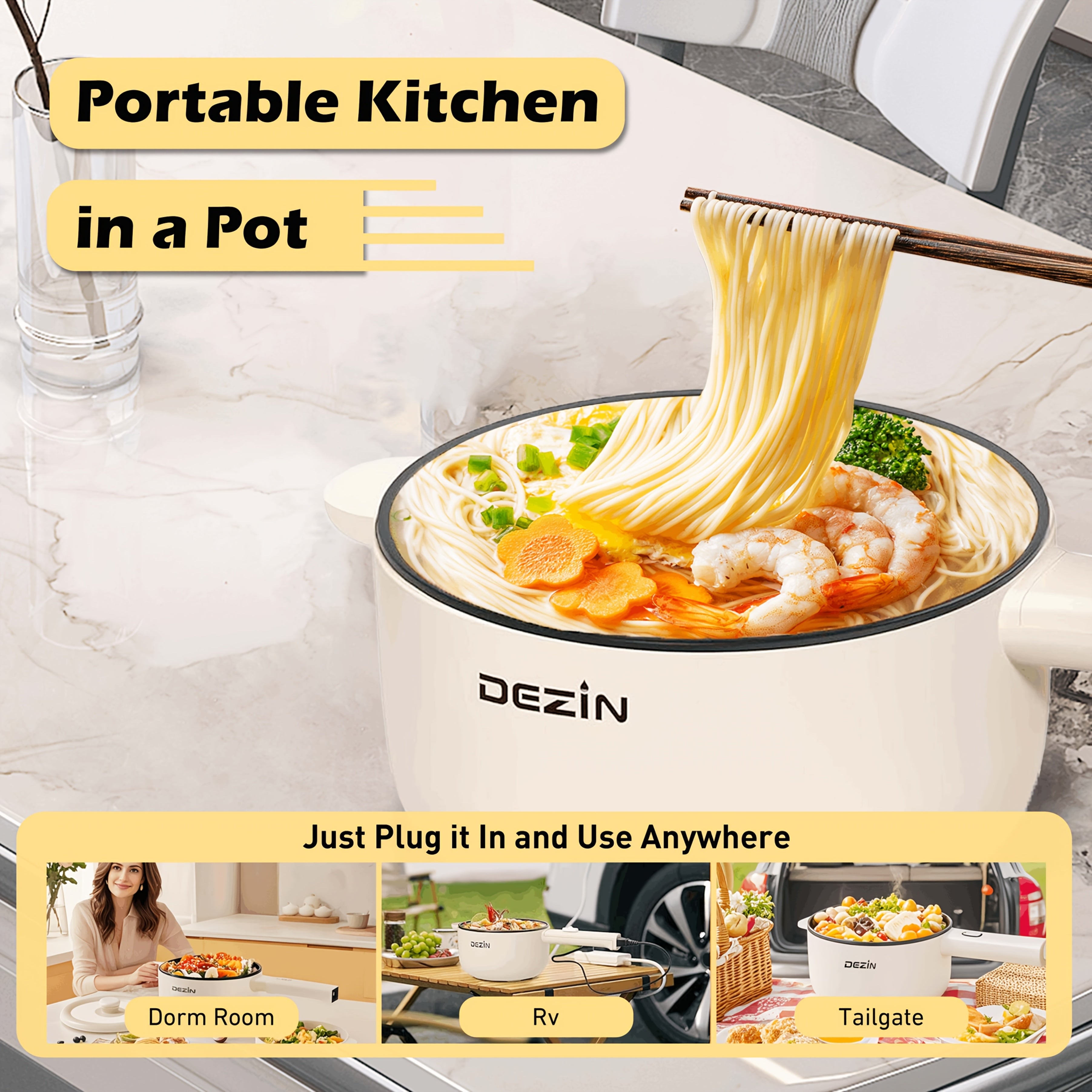 DEZIN Electric Cooker, Non-Stick 2L Saute Pan, Rapid Noodles Cooker for Steak, Egg, Fried Rice, Ramen, Oatmeal, Soup, with Power Adjustment, Egg Rack Included, College Dorm Room Essential