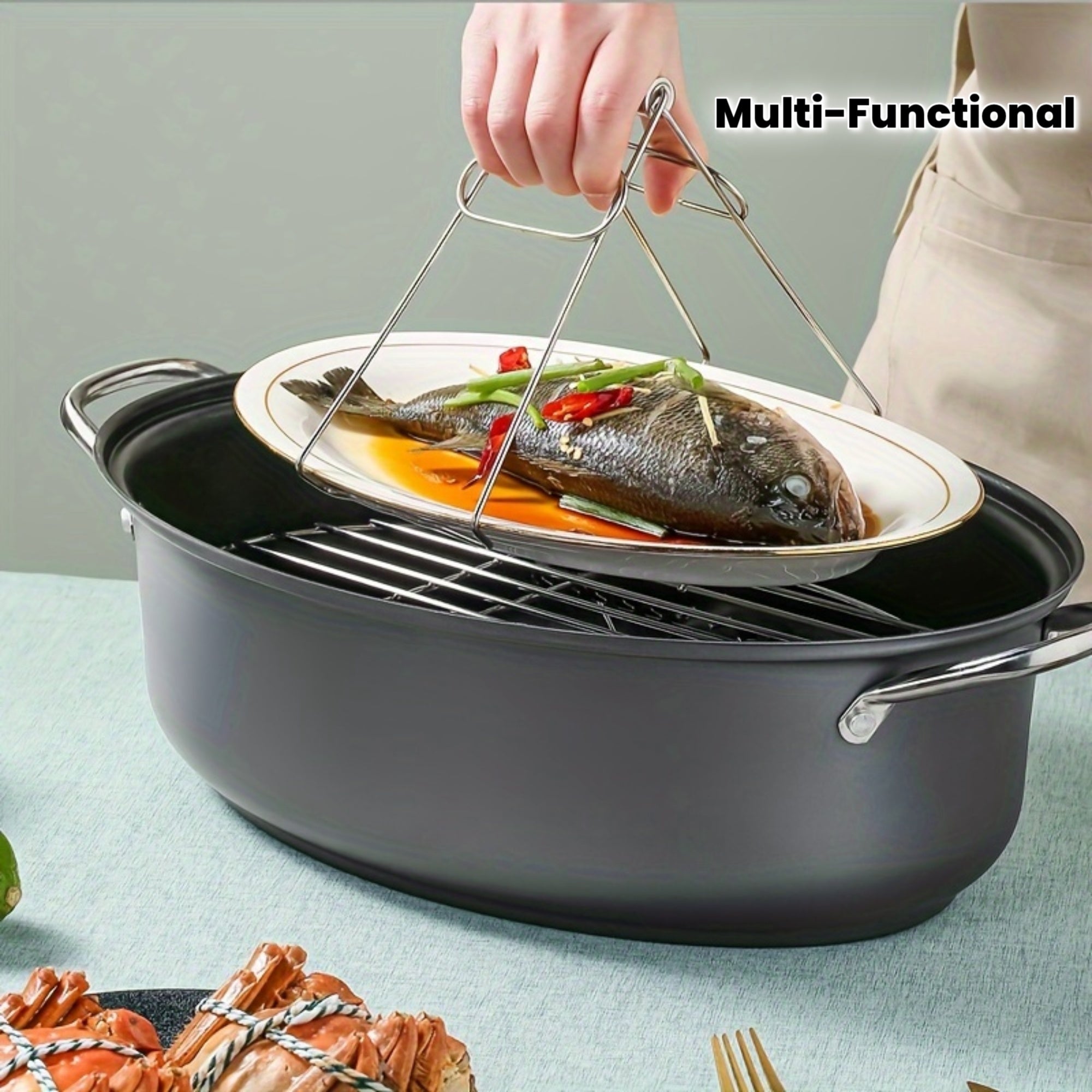 Multi-functional Steamer Pot for Home Use, Large Non-Stick Frying Pan, Steaming and Cooking Pot, Fish Steaming Pan, Seafood Steamer, Compatible with Both Open Flame and Induction Cooktops
