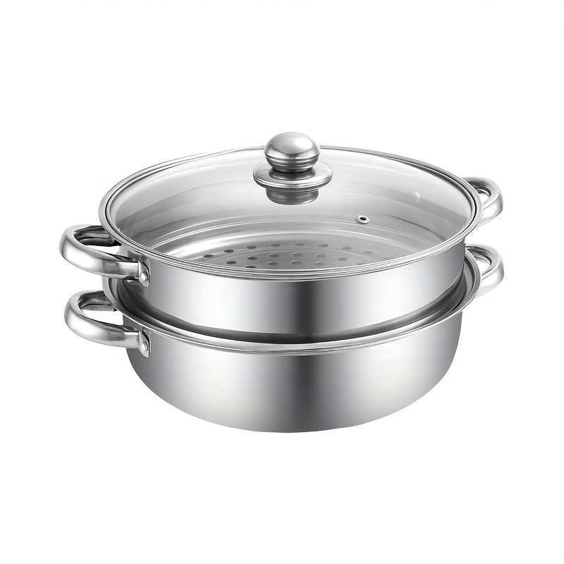 Large Capacity Stainless Steel Steamer with Glass Lid- Multifunctional Steamer Suitable for Buns, Bread, Seafood, Vegetables- Durable, Stackable Design, Easy to Clean, Ideal for Home and Professional Kitchens, Kitchen Steamer, Kitchen Essential