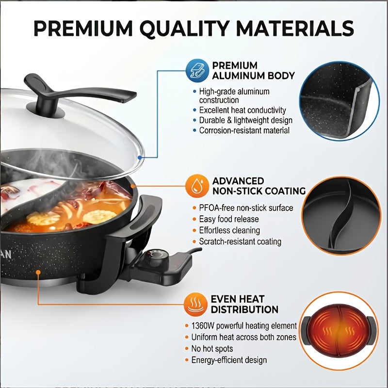 AORAN Split Dual-Zone Electric Hot Pot with Glass Lid & Non-Stick Pot - Dual-Zone Cooking for Simmering\u002FFrying, Adjustable Temperature, Fast Heating, Heavy-Duty for Home\u002FCamping, Suitable for 3-8 People, Easy-Clean Holiday Gift ( Plug)