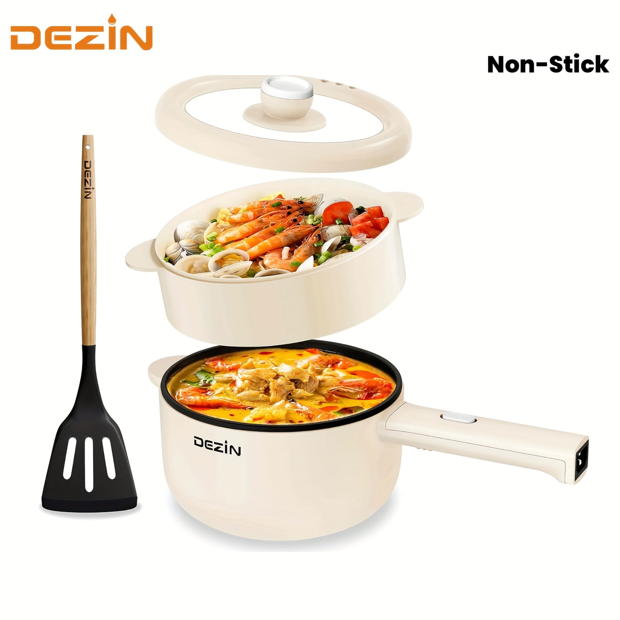 DEZIN Electric Cooker, Non-Stick 2L Saute Pan, Rapid Noodles Cooker for Steak, Egg, Fried Rice, Ramen, Oatmeal, Soup, with Power Adjustment, Egg Rack Included, College Dorm Room Essential