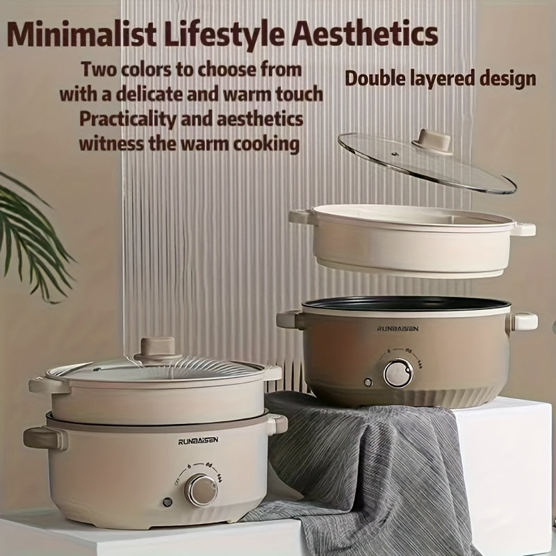 US Standard 9.45inch Diameter Double-Layer Electric Cooker, Electric Hot Pot, Multi-Functional Cooking Pot, Electric Frying Pan, Suitable for Various Occasions Such As Parties, Family Meals, Home Use, Dormitories, And RV Camping