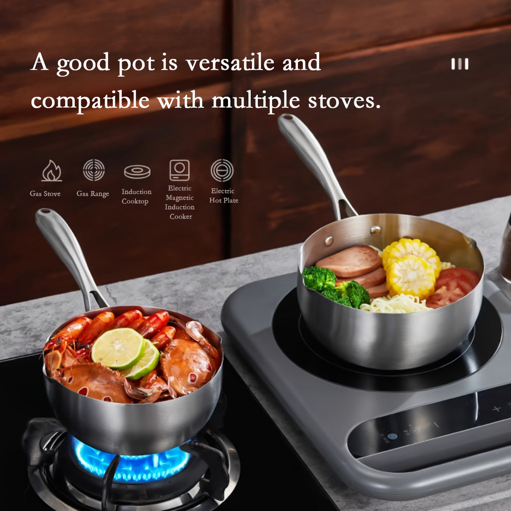 A Stainless Steel Cooking Pot, 7.09inch Milk Pot, Compatible with Gas And Induction Stoves, Featuring a Stainless Steel Handle And a Pouring Spout - Ideal for Cooking Noodles, Heating Milk, Making Soup, And Boiling Porridge