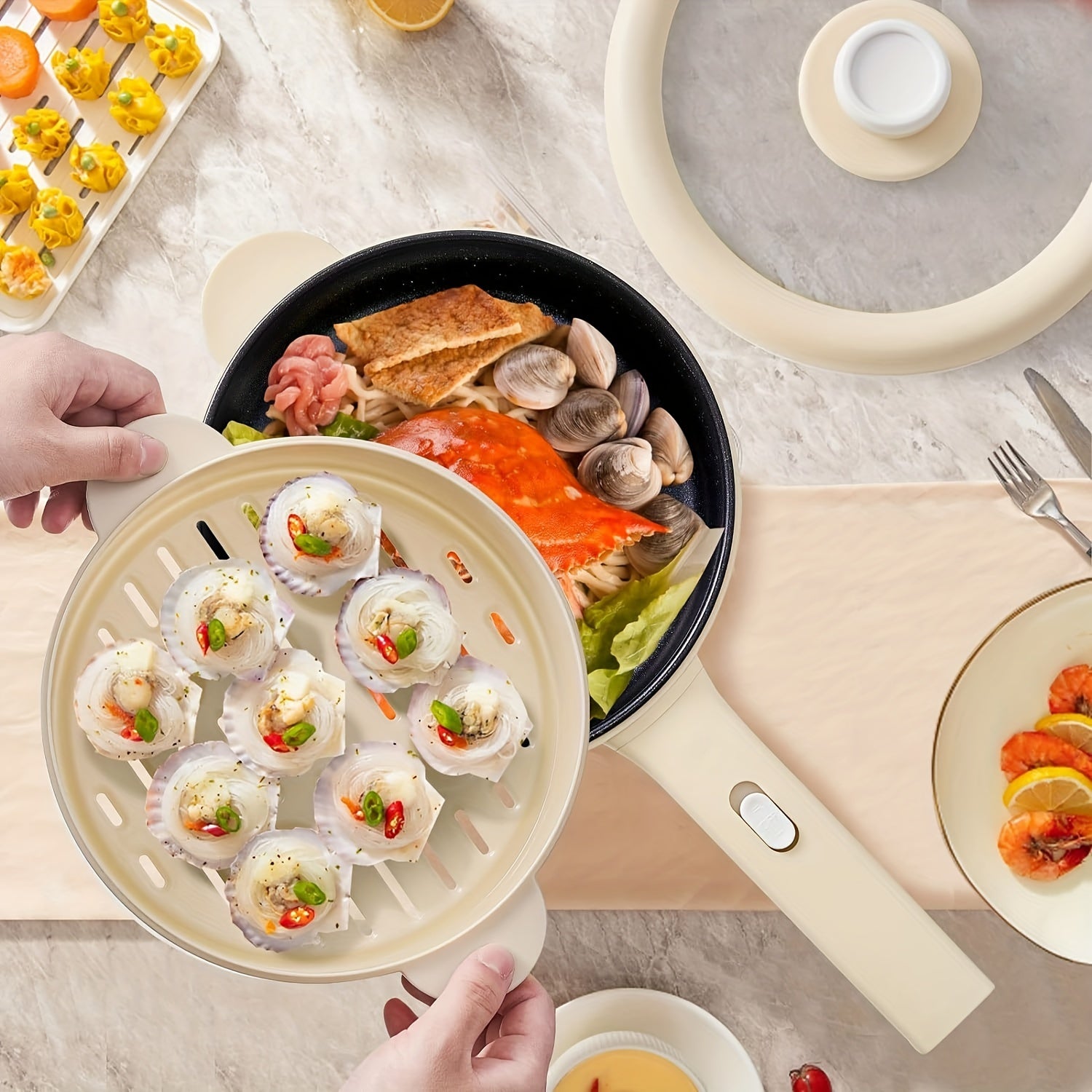 DEZIN Electric Cooker, Non-Stick 2L Saute Pan, Rapid Noodles Cooker for Steak, Egg, Fried Rice, Ramen, Oatmeal, Soup, with Power Adjustment, Egg Rack Included, College Dorm Room Essential