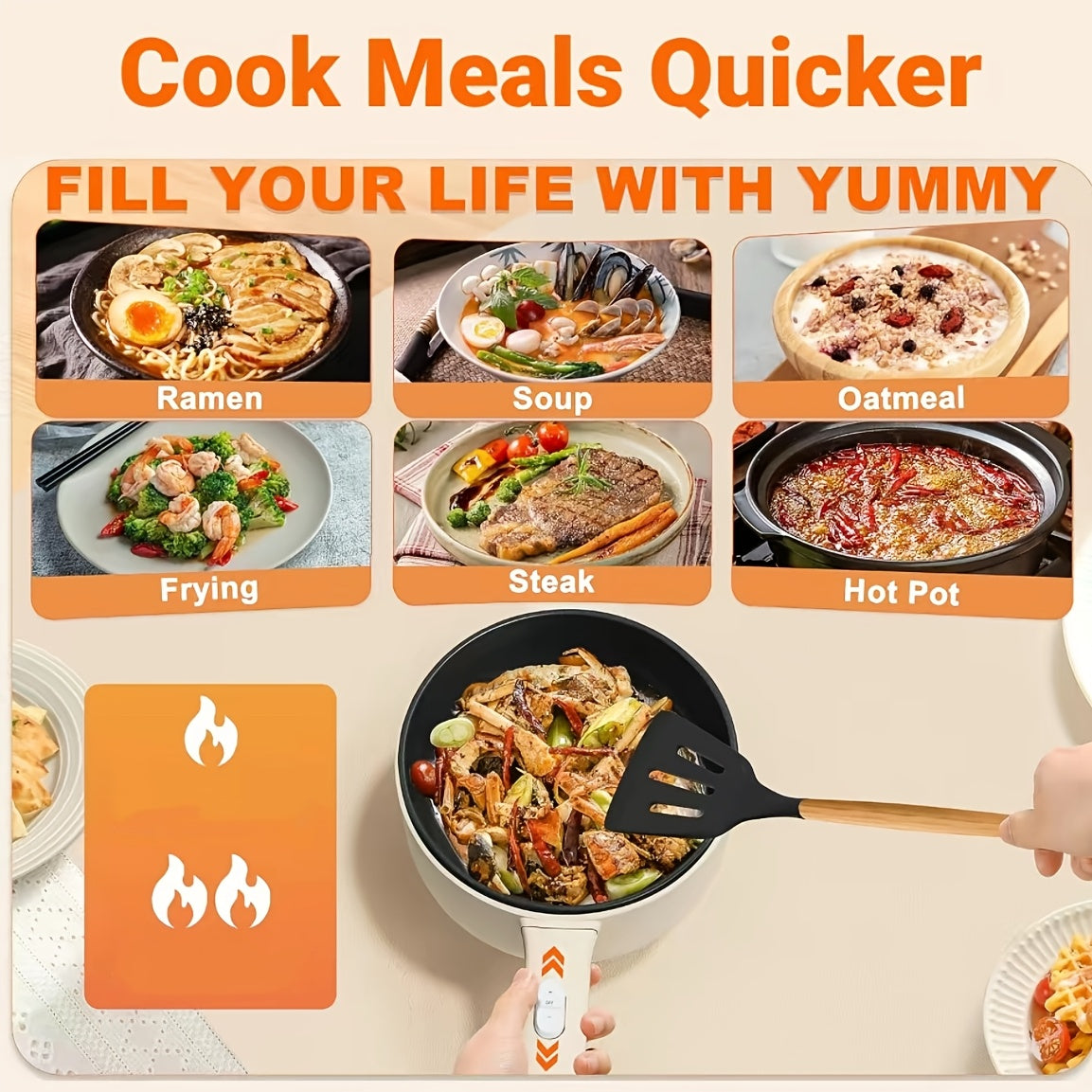 DEZIN Electric Cooker, Non-Stick 2L Saute Pan, Rapid Noodles Cooker for Steak, Egg, Fried Rice, Ramen, Oatmeal, Soup, with Power Adjustment, Egg Rack Included, College Dorm Room Essential