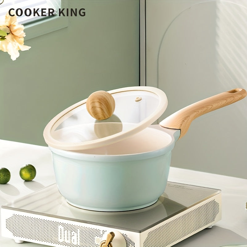COOKER KING 57.48oz Titanium-Containing Ceramic-Coated Nonstick Saucepan with Silicone Glass Lid, Multipurpose Induction Ready Pot, Stay-Cool Handles, PFOA-Free, PTFE-Free, Compatible with All Cooktops, Aluminum Alloy, Safe, Kitchen Accessory